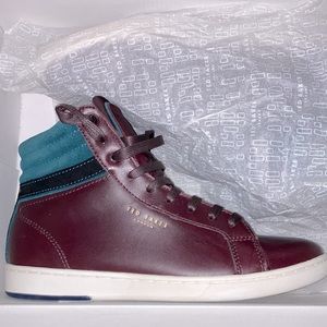 TED BAKER LONDON KILMA BURGUNDY HIGH TOP LEATHER SNEAKERS NEW IN BOX SIZE 8US